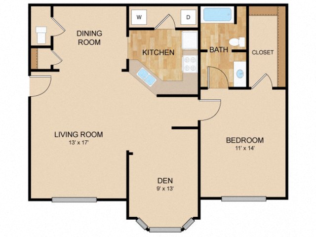 Floor plan for 1 bed, 1 bath, 1025 sqft